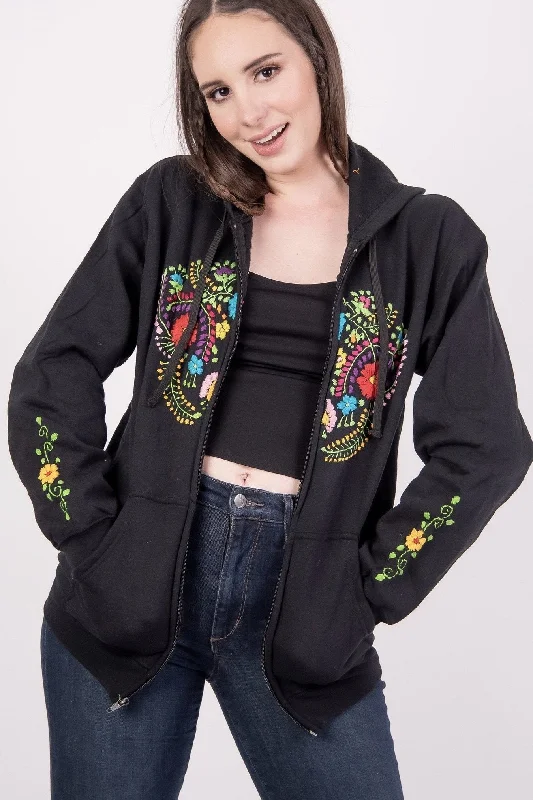 Printed Patterns Mexican Handmade Floral Embroidered Zippered Hoodie Black