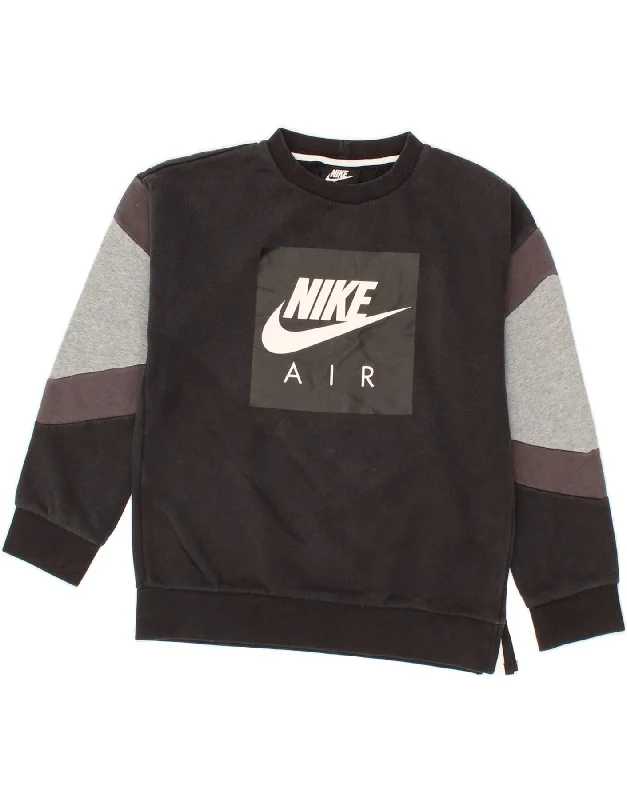 Soft Style NIKE Boys Graphic Sweatshirt Jumper 10-11 Years Medium Black Colourblock