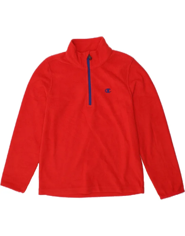 Stylish Fit CHAMPION Girls Zip Neck Fleece Jumper 7-8 Years Small  Red Polyester