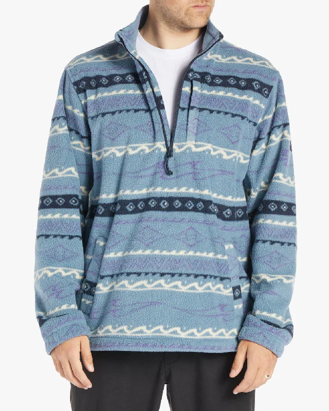 Ethnic Style Boundary Half-Zip Mock Neck Fleece - Washed Blue