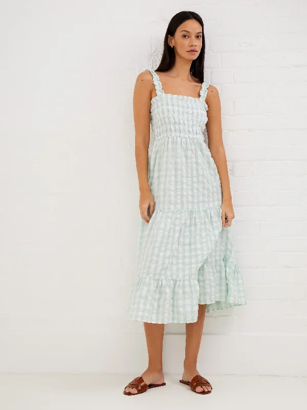 Fresh And Fashionable Birch Seersucker Smocked Midaxi Dress