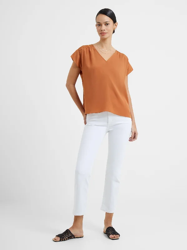 Easy Wear Chic Crepe Light Smocked Shoulder V-Neck Top