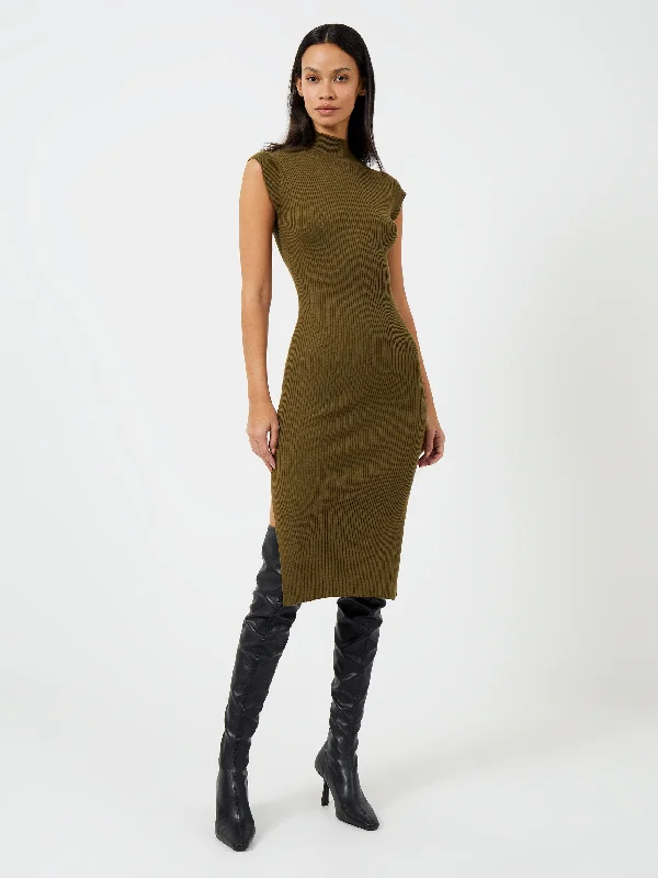 Comfortable Lounge Wear RIBBED FUNNEL NECK SLEEVELESS MIDI DRESS