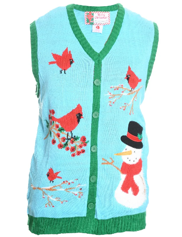 Playful Style Christmas Bird Design Light Blue & Green Christmas Vest - L