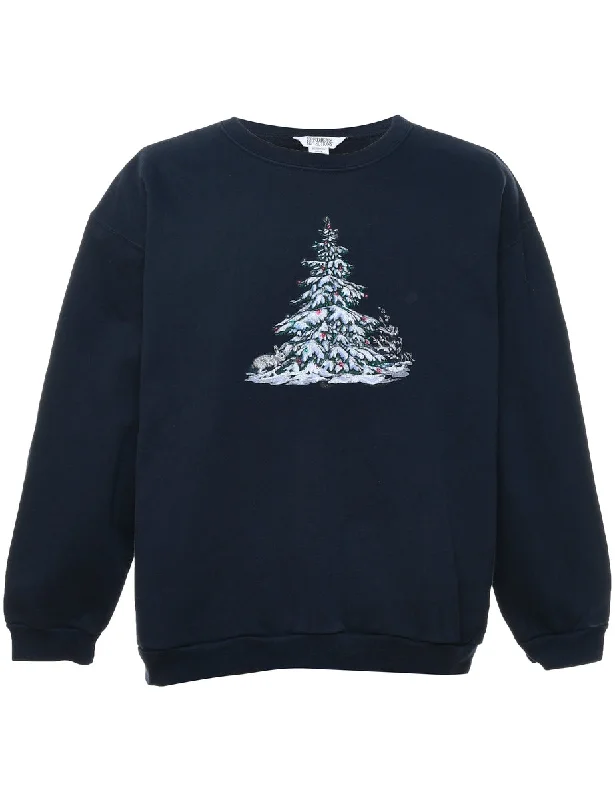 High-end Design Christmas Tree Design Navy Sweatshirt - L