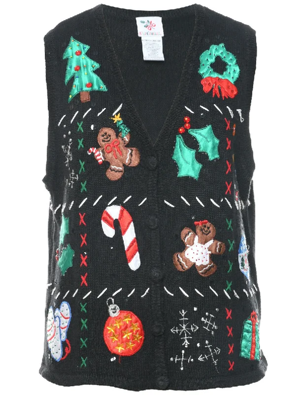 Slightly Flared Design Christmas Tree Design Vest - L