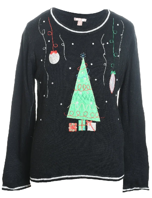 Embroidered Letters Christmas Tree Print Jumper - L