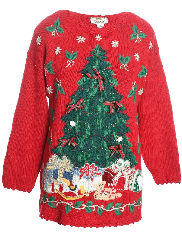 British Fashion Christmas Tree Print Jumper - M