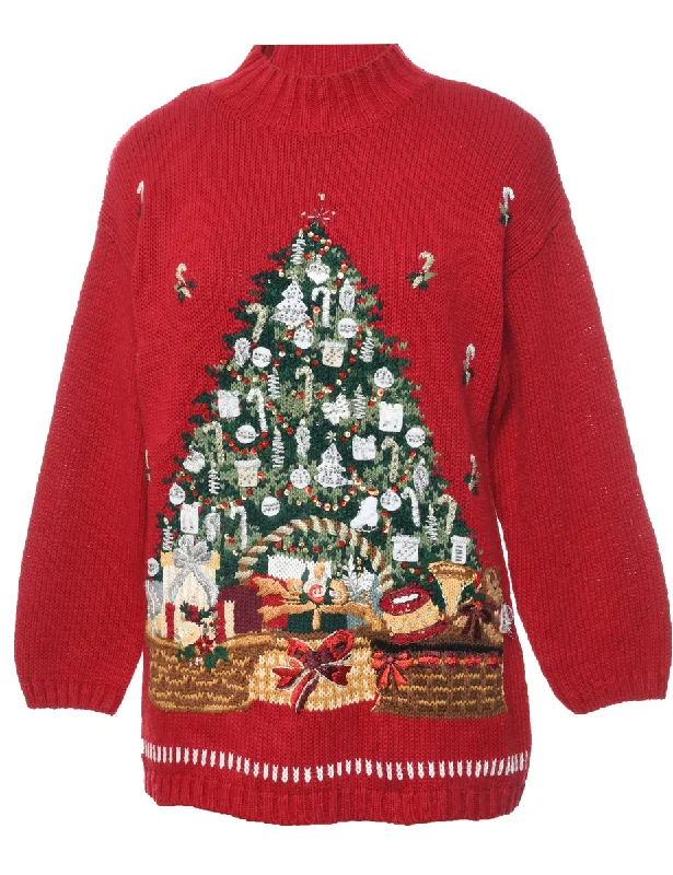 Stretch Design Christmas Tree Print Jumper - M