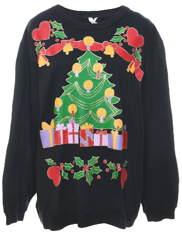Short Design Christmas Tree Print Sweatshirt - XL