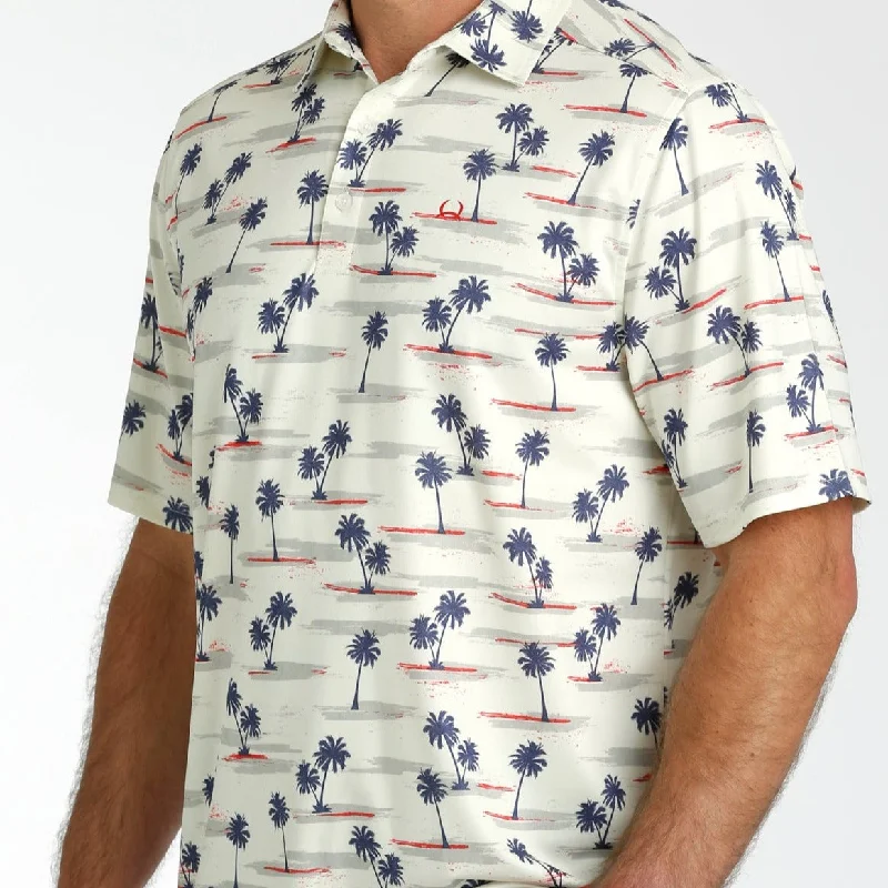 Comfortable And Cold-proof Cinch Men's Arenaflex Short Sleeve Palm Tree Polo in Cream