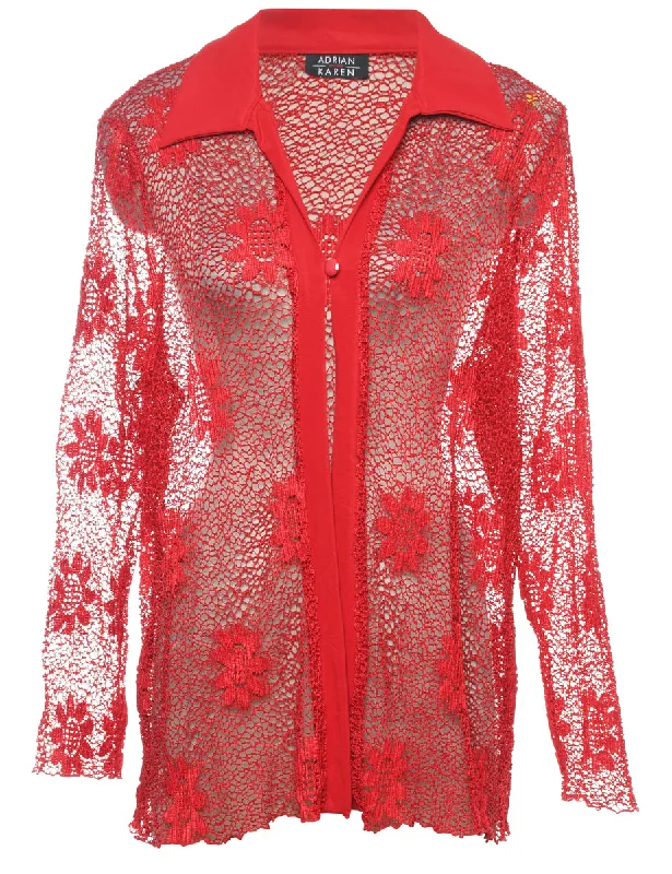 Exclusive Customization Classic Red Sheer Floral Blouse - L