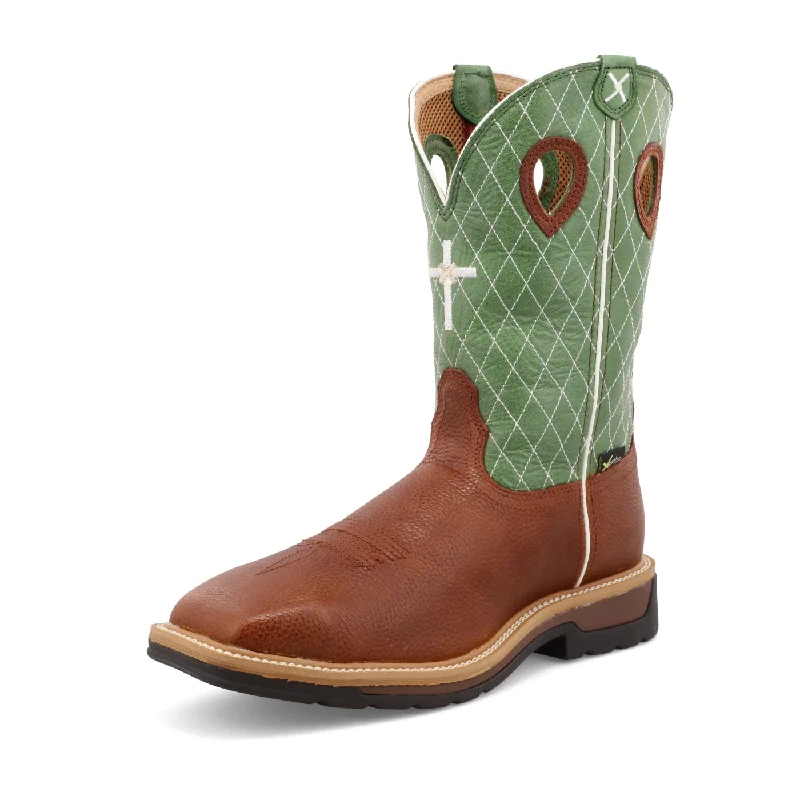 Celebrity Style Twisted X Men's 12" Western Work Boot in Cognac Glazed Pebble and Lime